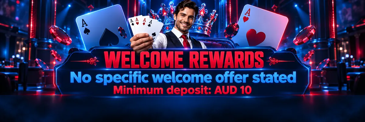 A smiling casino host presents playing cards beside a crown and blue-red promotional panels.